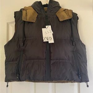 Zara Women’s Faux Leather Puffer Vest With Hood Black - Brand New